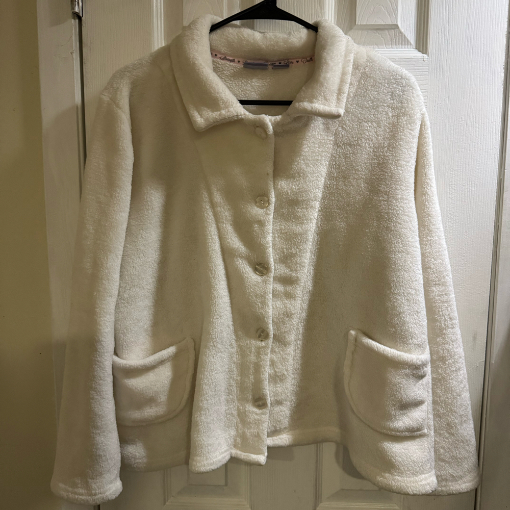 Laura Scott Women’s White Plush Fleece Button Front Jacket Size L
